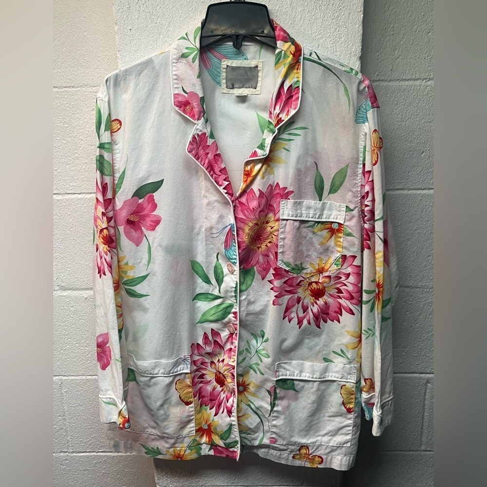 Victoria's Secret White Floral Pajama Top with Pink & Green Print